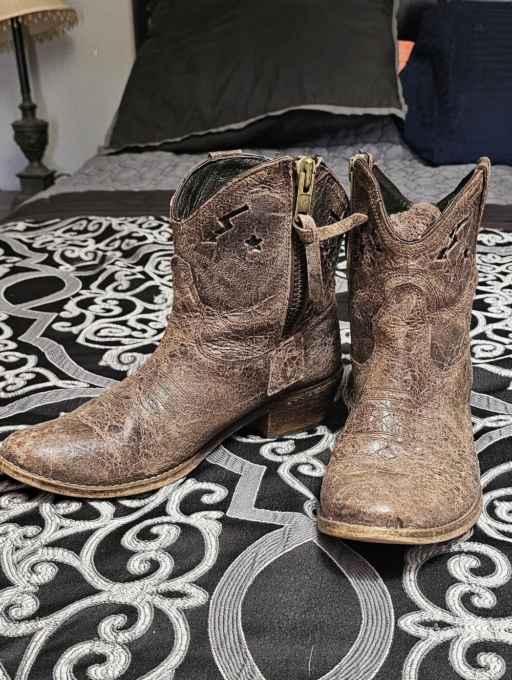 Steven by Steven Madden Distressed Brown Leather Western Ankle Boots